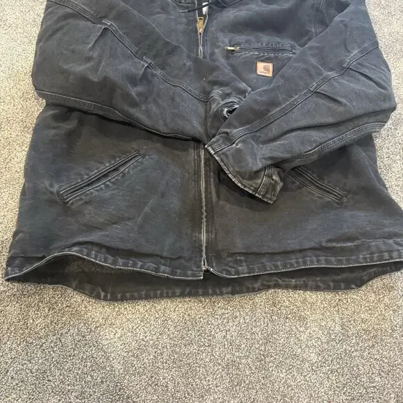 Y2K Distressed Carhartt J141 Black Men's Canvas Sherpa Lined Hooded Work Coat XL - Picture 10 of 10